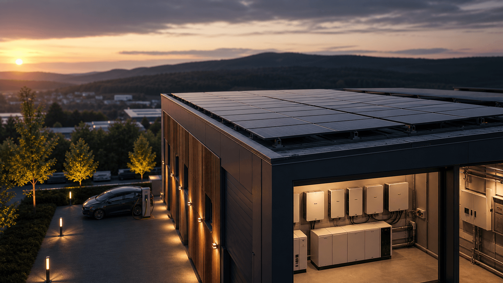 Gewerbehalle mit Photovoltaikanlage, Speicher und Ladepunkt