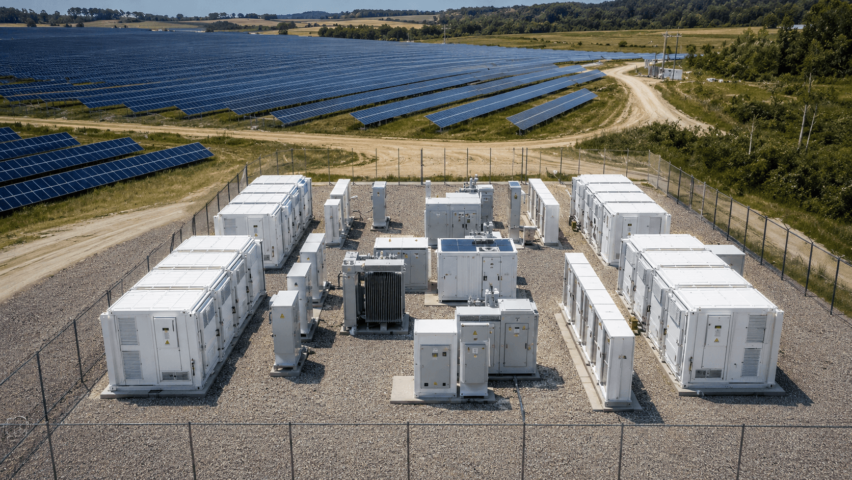 Batteriespeicher neben einer großen Photovoltaikanlage